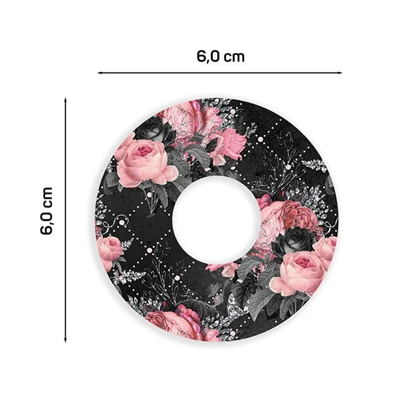 Pflaster für Libre 3 "Flowers" Motiv pinke Rosen auf schwarzem Hintergrund
