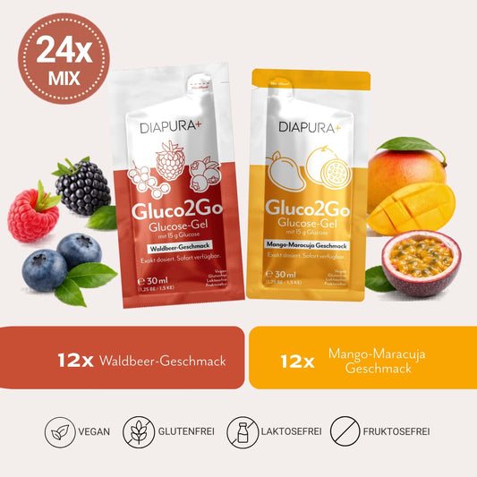 Gluco2Go Glucose-Gel, XL-Sicherheits-Paket, 24 Stück in 2 Sorten