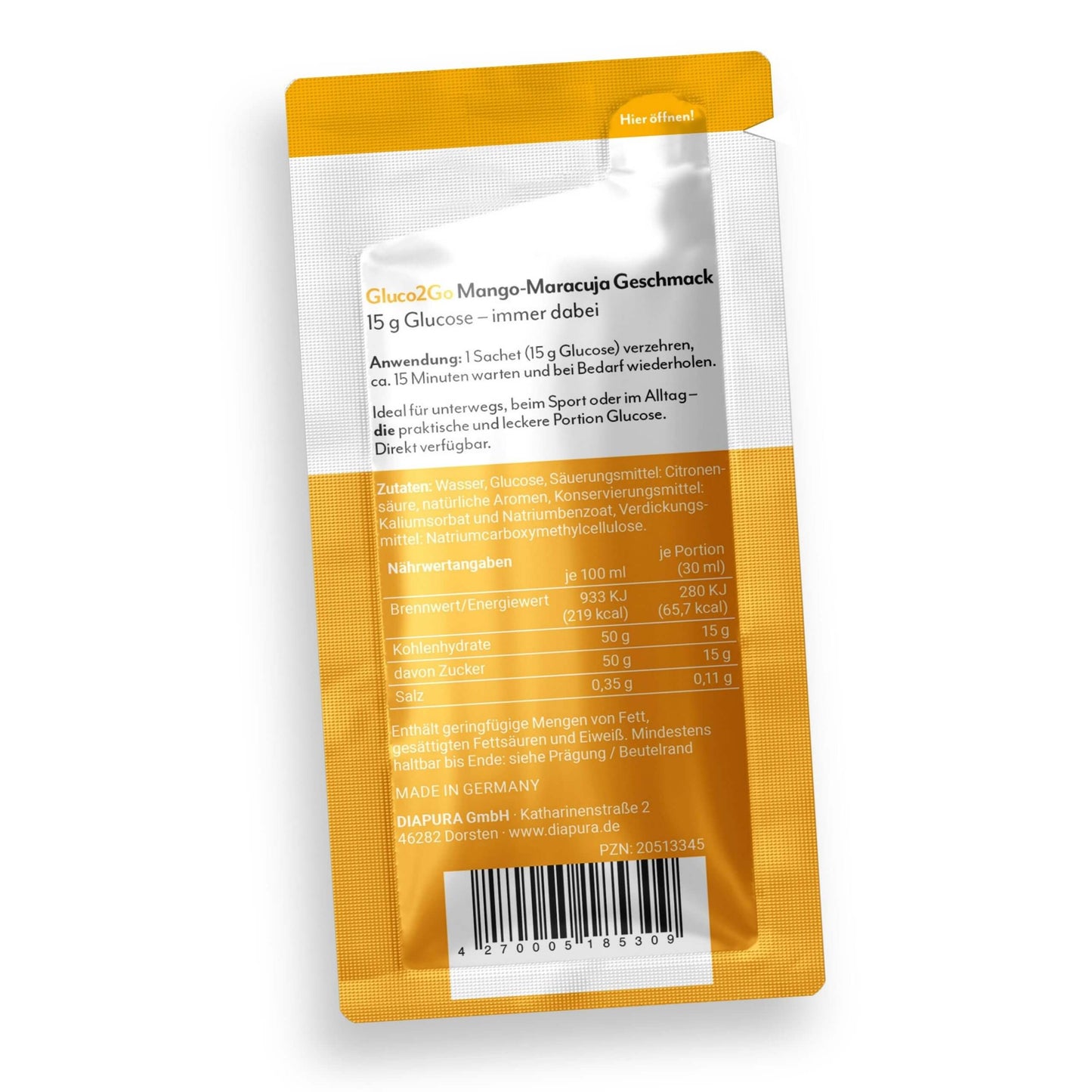 Gluco2Go Mango-Maracuja Einzelsachet Rückseite