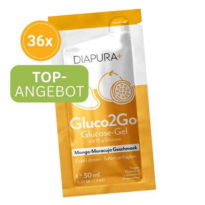 DIAPURA Gluco2Go Mango-Maracuja, SPARPAKET, Glucose-Gel mit exakt 15 g Glucose, 36 Stück