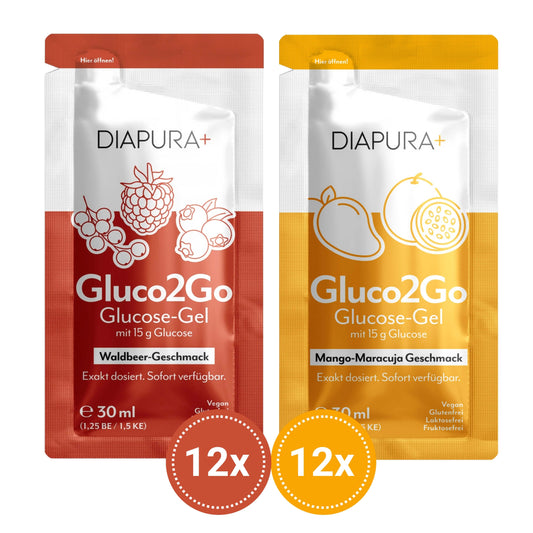 Gluco2Go Glucose-Gel mit exakt 15 g Glucose, Waldbeer- oder Mango-Maracuja-Geschmack