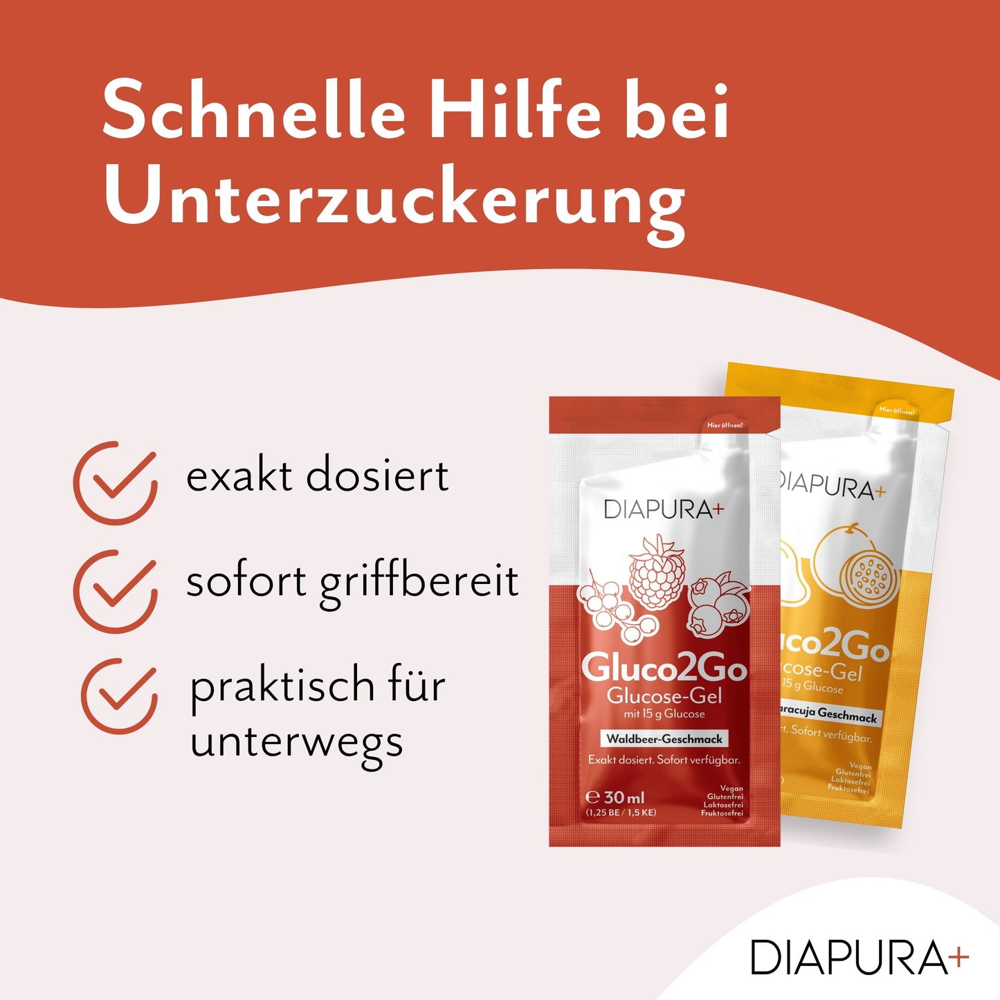 DIAPURA Gluco2Go Glucose-Gel mit 15 g Glucose, Waldbeer-Geschmack