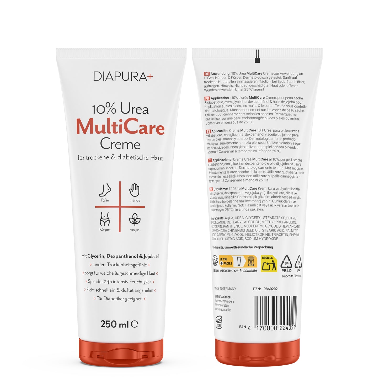 DIAPURA 10% Urea Multicare-Creme, Bodylotion für trockene Haut mit Urea, Glycerin, Dexpanthenol & Jojobaöl,  für den Körper, Füße und Hände