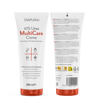 DIAPURA 10% Urea Multicare-Creme, Bodylotion für trockene Haut mit Urea, Glycerin, Dexpanthenol & Jojobaöl,  für den Körper, Füße und Hände
